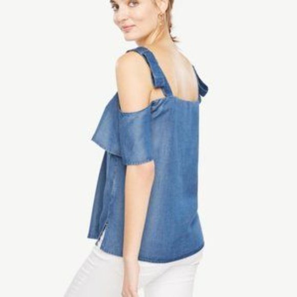 Ann Taylor Chambray Bow Cold Shoulder Blouse - Picture 2 of 3
